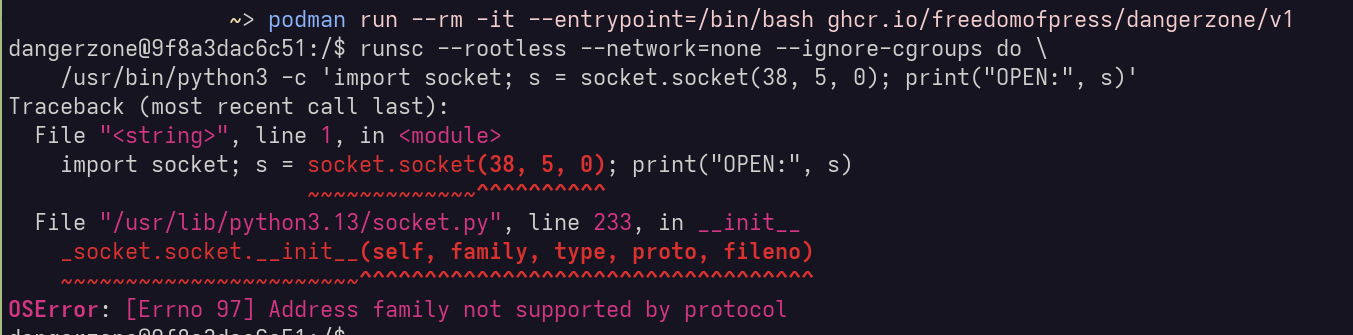 A screenshot of a terminal session. This session shows a command that invokes Dangerzone's outer container (Podman), a command that invokes the inner sandbox (gVisor), and the payload of the copy.fail exploit. The exploit fails to run because gVisor does not implement the vulnerable protocol.