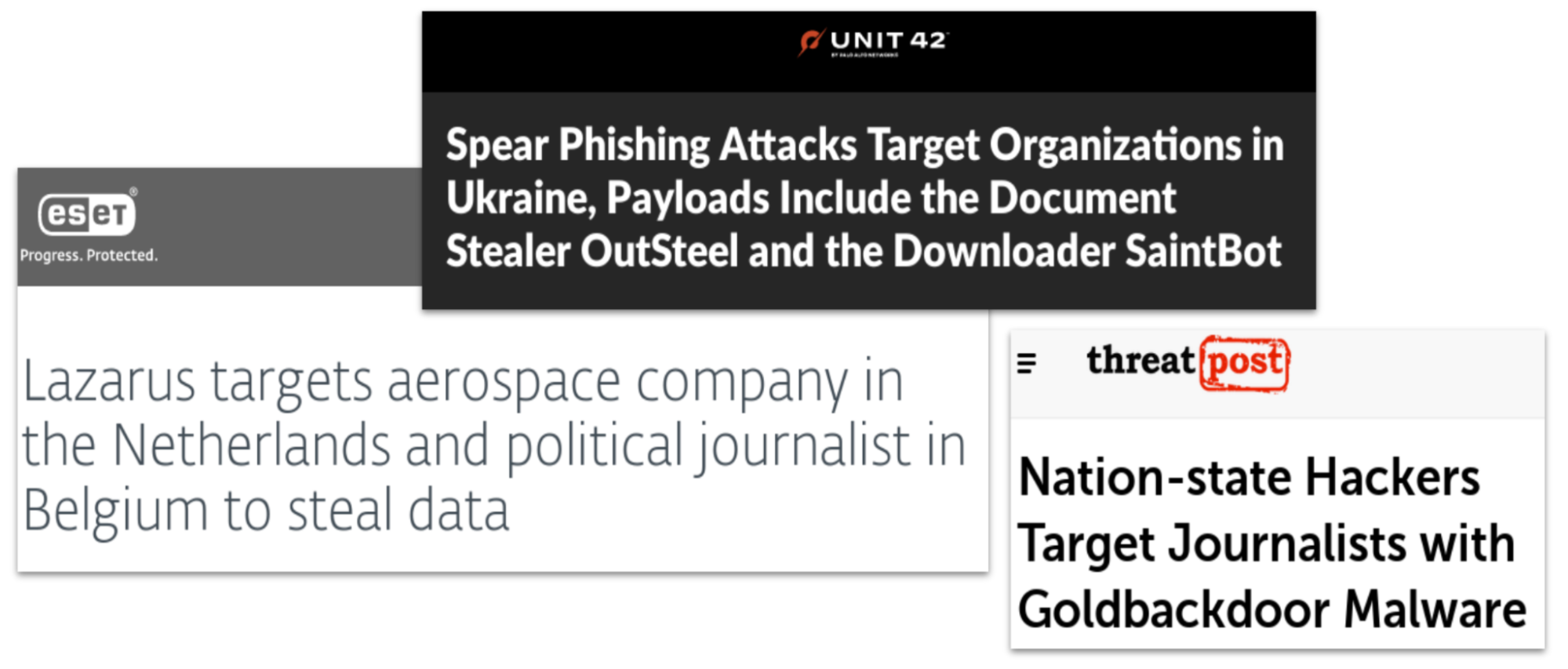 A selection of security news headlines: hacker group attack targeting a Belgian journalist; spear phishing attacks targeting Ukrainian organizations; nation-state hackers targeting journalists
