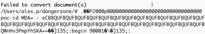 A screenshot of an iTerm2 terminal. It shows some logs by the Dangerzone CLI, and some Unicode replacement characters (�) in place of the ANSII escape sequences of the original iTerm2 exploit.